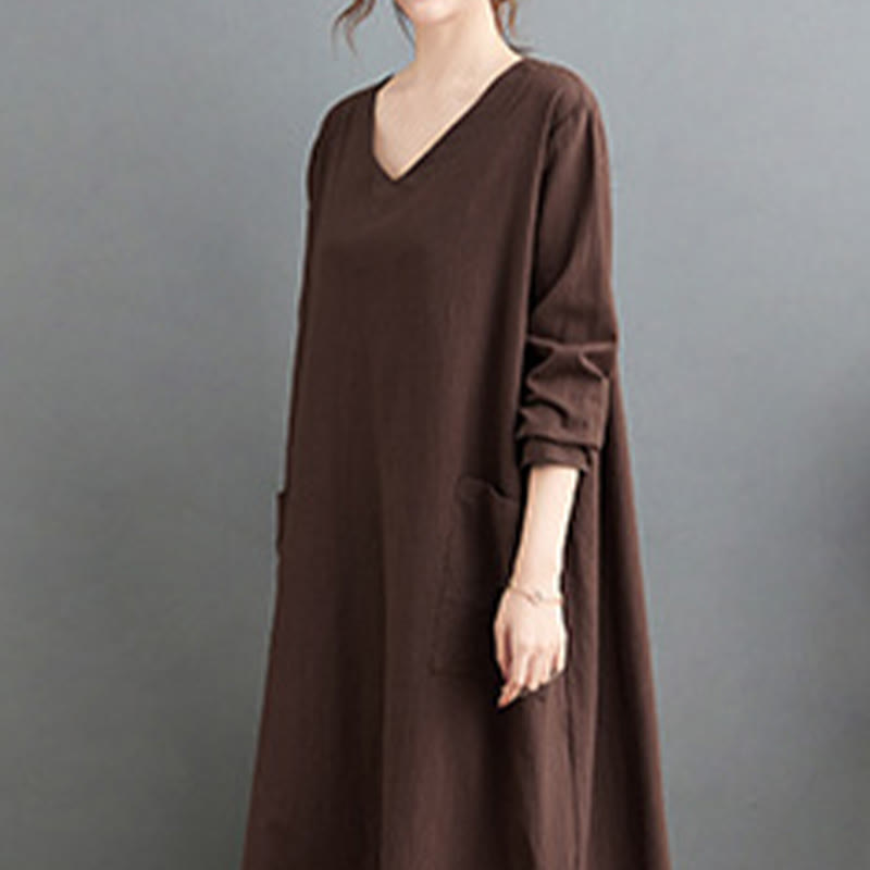 Nimara Ritual Fall Casual Simple Design Long Sleeve Cotton Linen Maxi Dress With Pockets