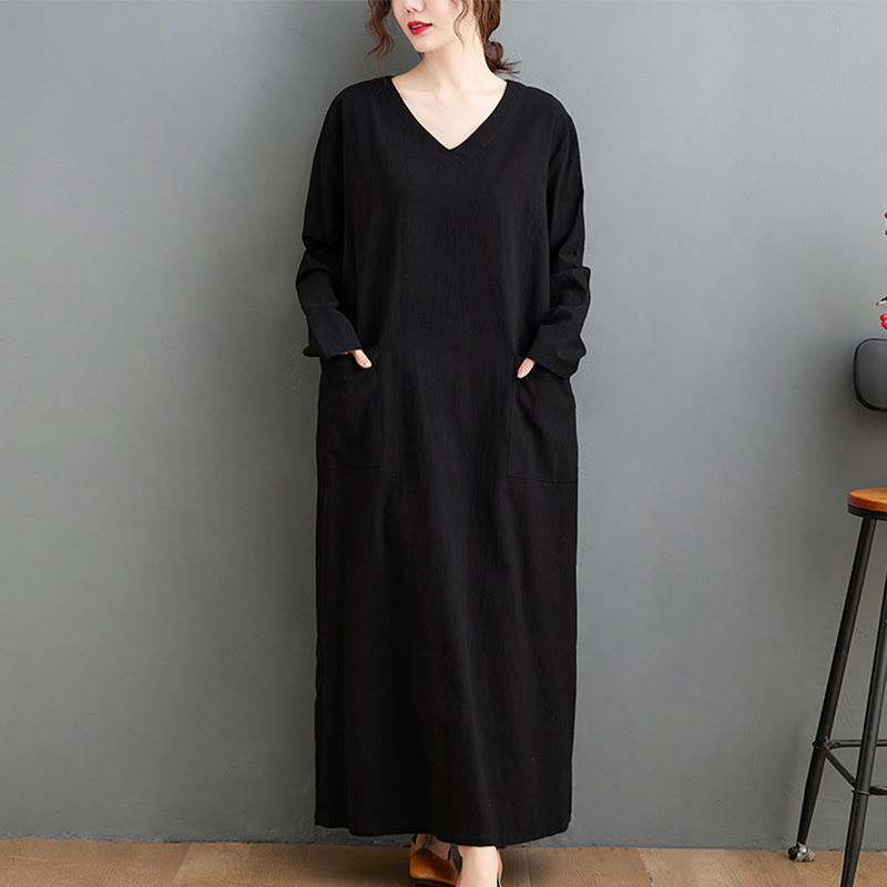 Nimara Ritual Fall Casual Simple Design Long Sleeve Cotton Linen Maxi Dress With Pockets