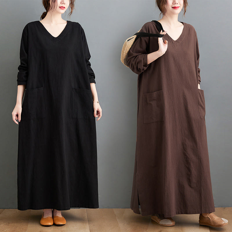 Nimara Ritual Fall Casual Simple Design Long Sleeve Cotton Linen Maxi Dress With Pockets