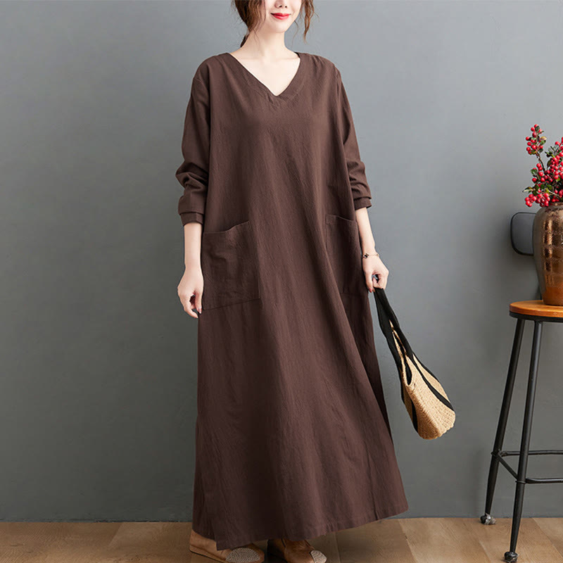 Nimara Ritual Fall Casual Simple Design Long Sleeve Cotton Linen Maxi Dress With Pockets