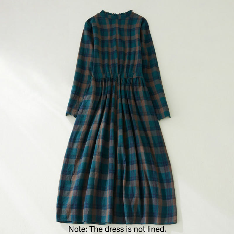 Nimara Ritual Plaid Ruffled V-Neck Long Sleeve Drawstring Cotton Linen Midi Dress With Pockets