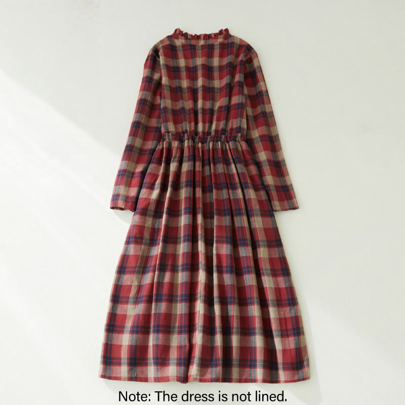 Nimara Ritual Plaid Ruffled V-Neck Long Sleeve Drawstring Cotton Linen Midi Dress With Pockets