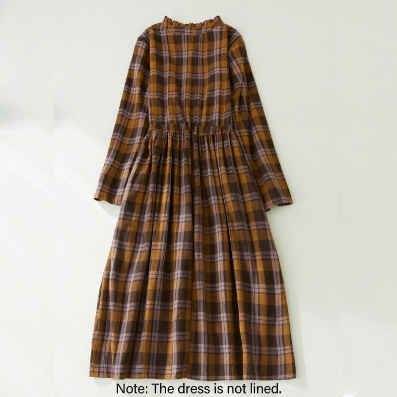 Nimara Ritual Plaid Ruffled V-Neck Long Sleeve Drawstring Cotton Linen Midi Dress With Pockets