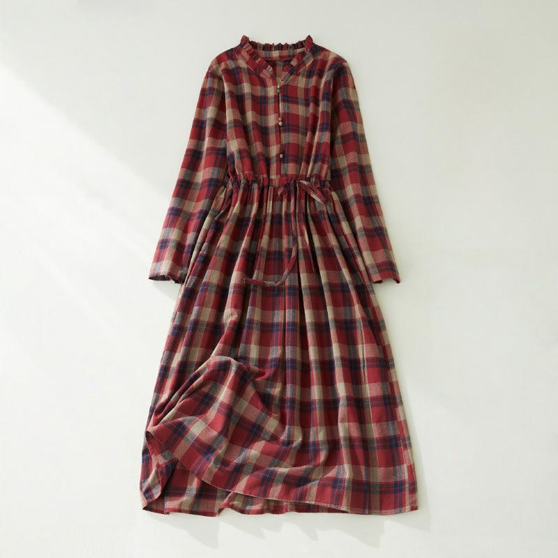 Nimara Ritual Plaid Ruffled V-Neck Long Sleeve Drawstring Cotton Linen Midi Dress With Pockets
