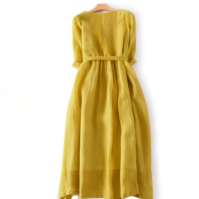 Nimara Ritual Casual Lace-up Plain Crew Neck Half Sleeve Midi Dress With Pockets