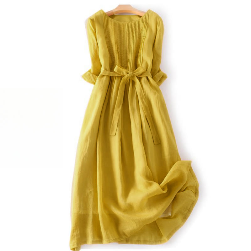 Nimara Ritual Casual Lace-up Plain Crew Neck Half Sleeve Midi Dress With Pockets