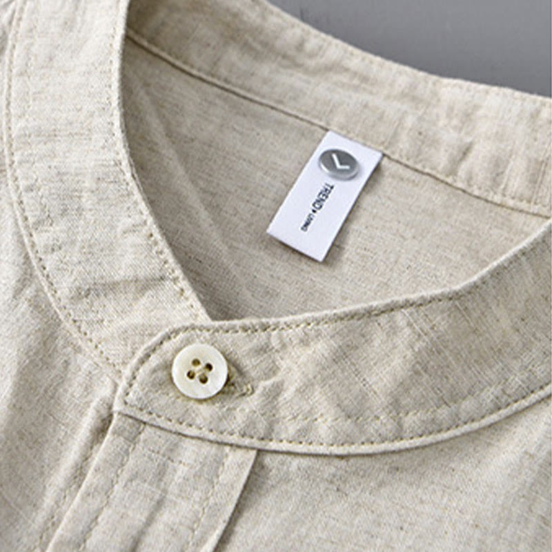 Nimara Ritual Men's Long Sleeve Stand Collar With Pocket Pure Color Casual Cotton Linen Shirt