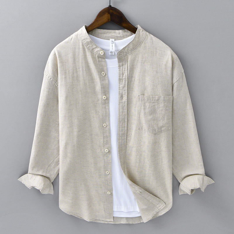 Nimara Ritual Men's Long Sleeve Stand Collar With Pocket Pure Color Casual Cotton Linen Shirt