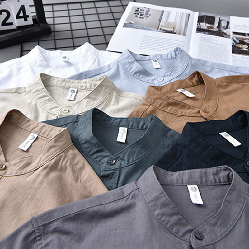 Nimara Ritual Men's Long Sleeve Stand Collar With Pocket Pure Color Casual Cotton Linen Shirt