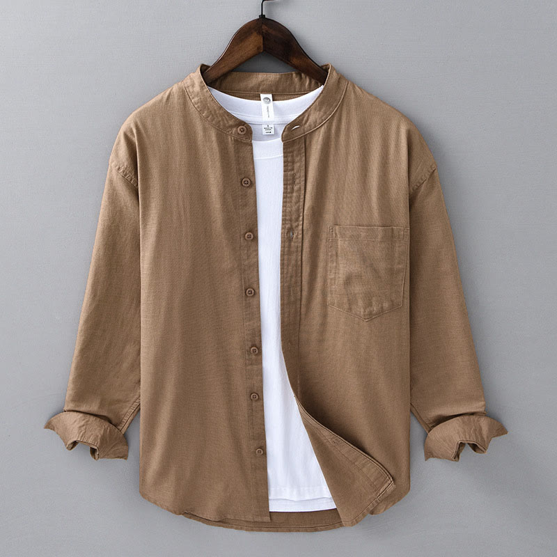 Nimara Ritual Men's Long Sleeve Stand Collar With Pocket Pure Color Casual Cotton Linen Shirt
