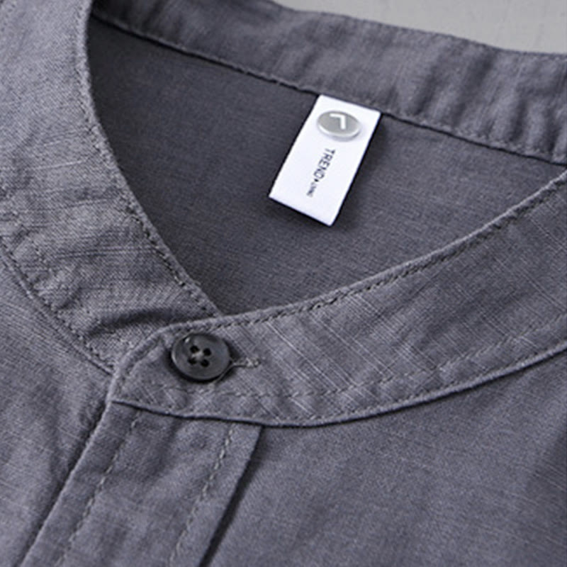 Nimara Ritual Men's Long Sleeve Stand Collar With Pocket Pure Color Casual Cotton Linen Shirt