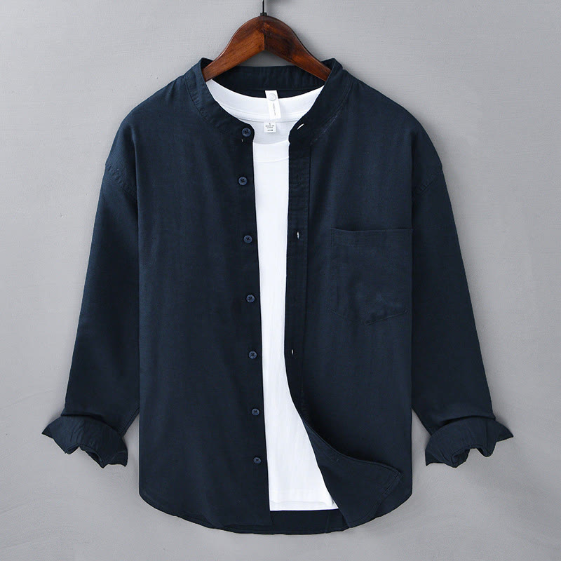 Nimara Ritual Men's Long Sleeve Stand Collar With Pocket Pure Color Casual Cotton Linen Shirt