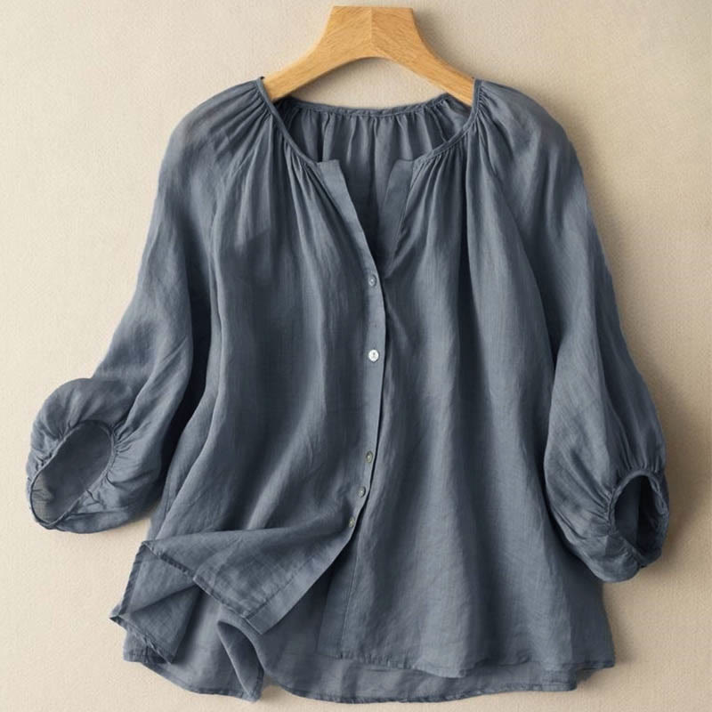 Nimara Ritual Vintage Button Three Quarter Puff Sleeve V-Neck Women's Shirt