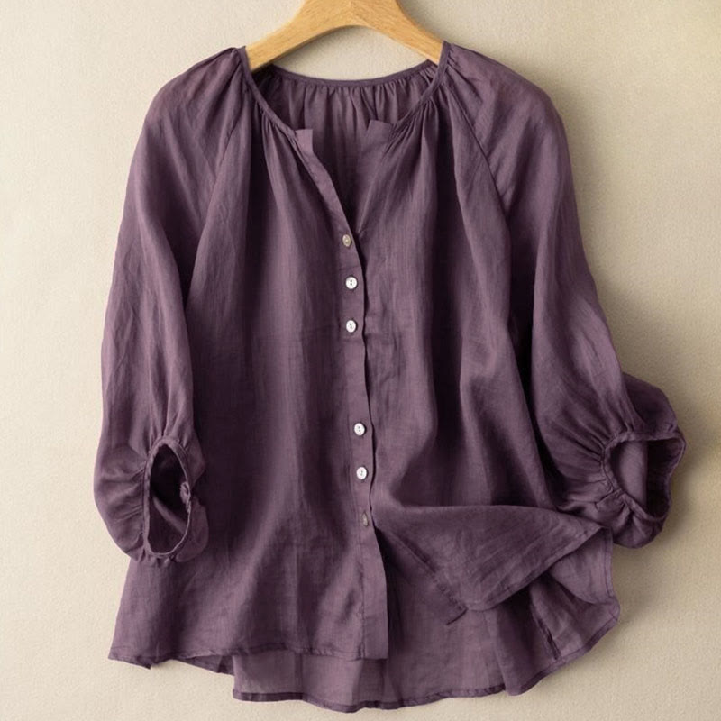 Nimara Ritual Vintage Button Three Quarter Puff Sleeve V-Neck Women's Shirt