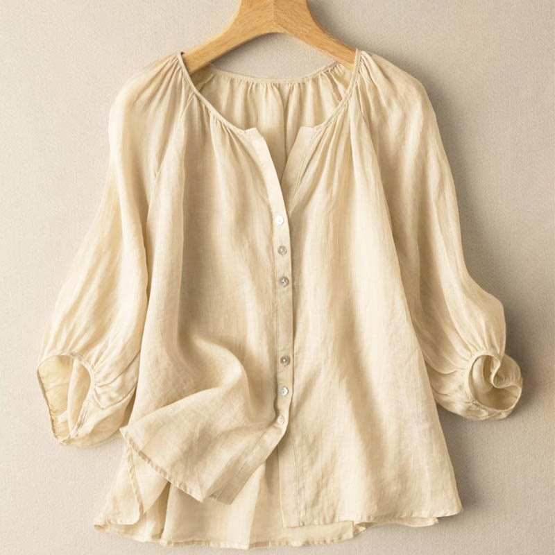 Nimara Ritual Vintage Button Three Quarter Puff Sleeve V-Neck Women's Shirt