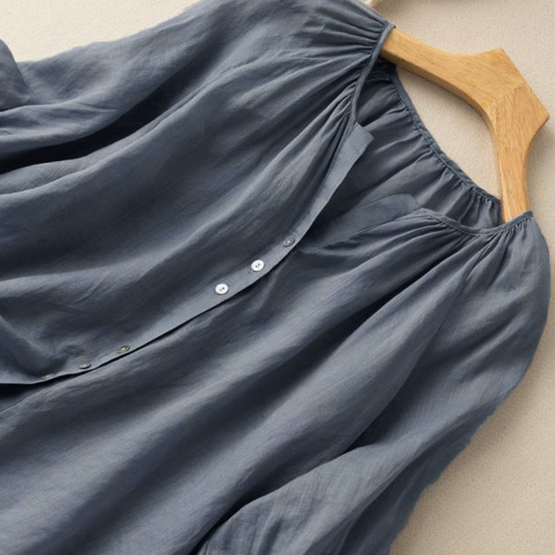 Nimara Ritual Vintage Button Three Quarter Puff Sleeve V-Neck Women's Shirt