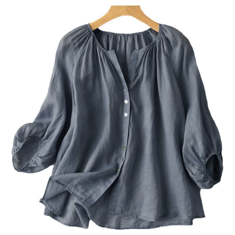 Nimara Ritual Vintage Button Three Quarter Puff Sleeve V-Neck Women's Shirt