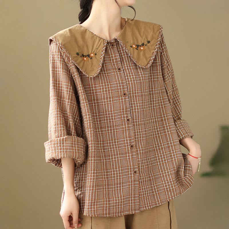 Nimara Ritual Embroidered Plaid Pattern Cotton Women's Shirt