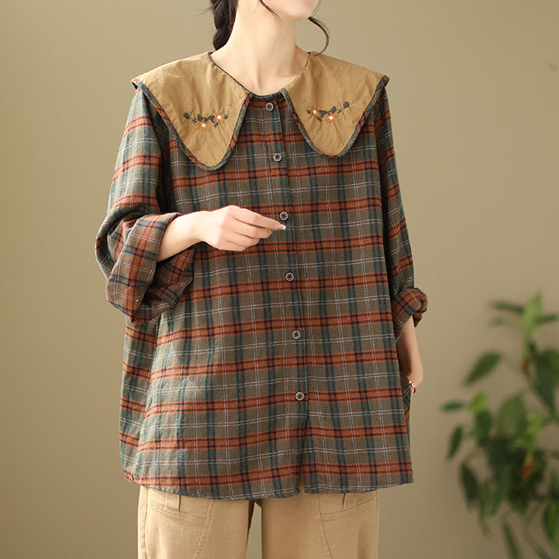 Nimara Ritual Embroidered Plaid Pattern Cotton Women's Shirt