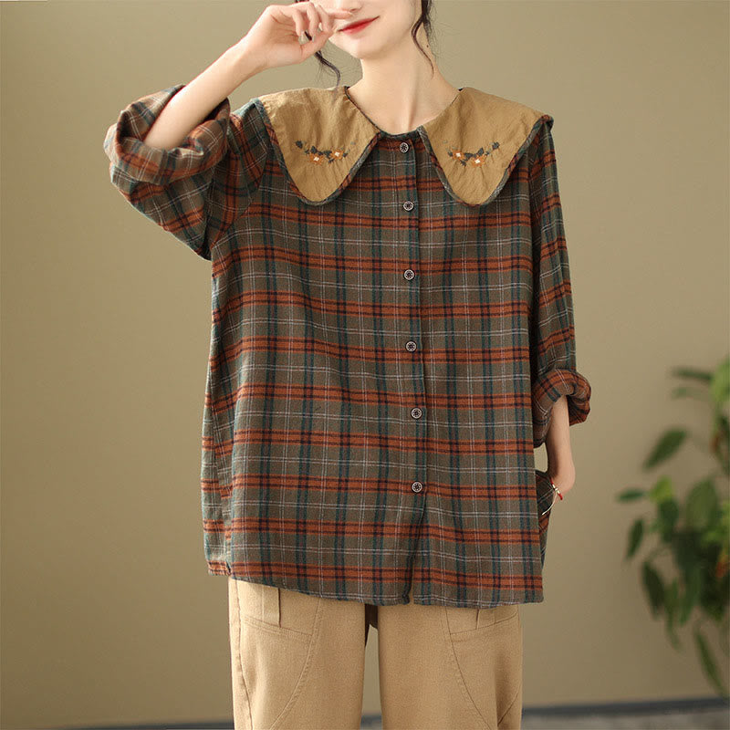 Nimara Ritual Embroidered Plaid Pattern Cotton Women's Shirt