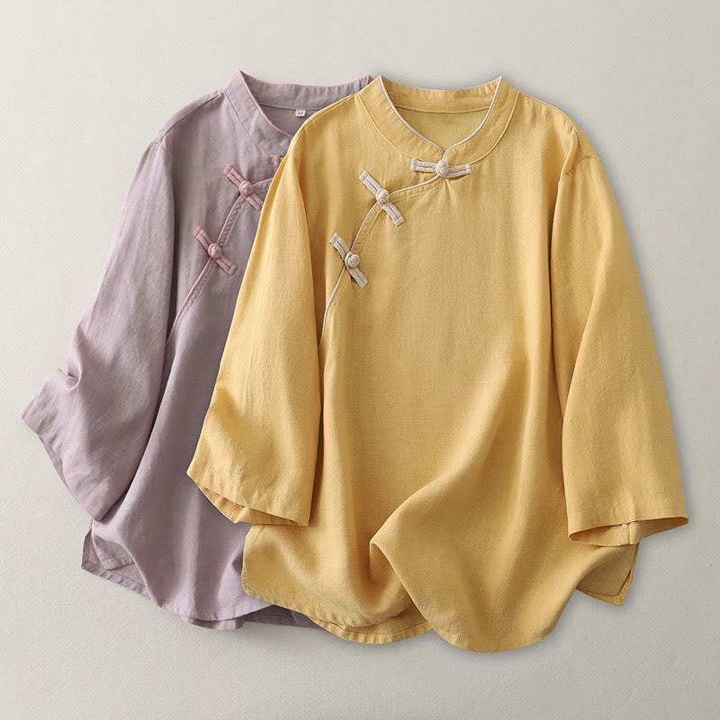Nimara Ritual Plain Slanted Buttons Cotton Linen Women's Shirt