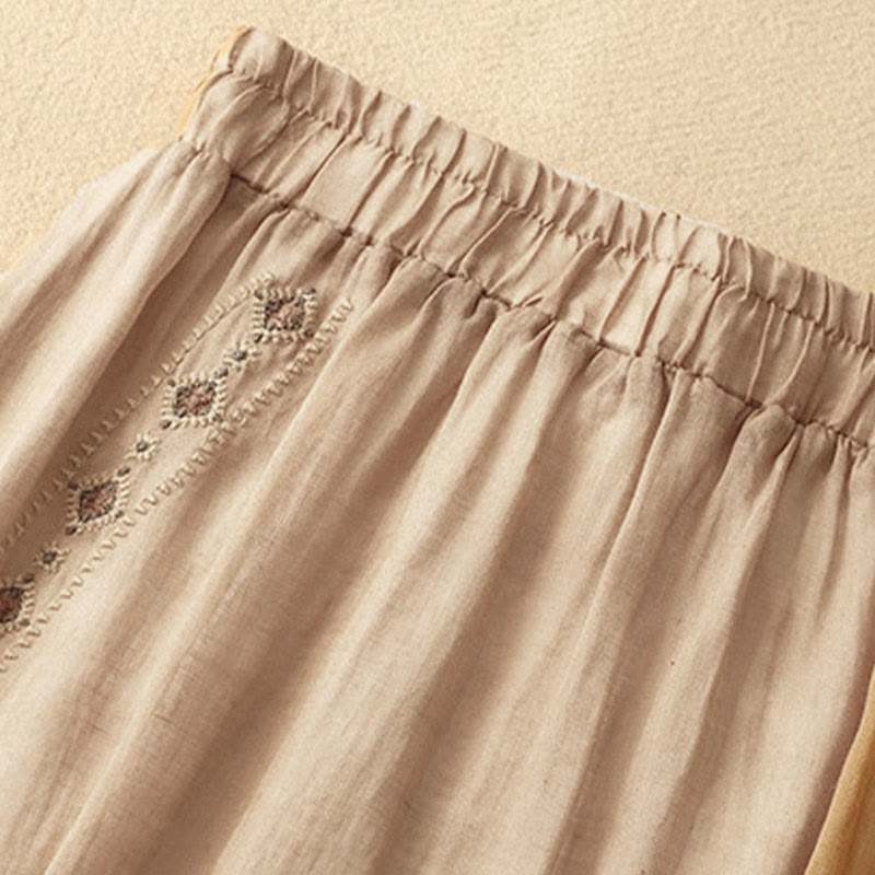 Nimara Ritual Ethnic Vintage Embroidery Button Design Women's Cotton Linen 7-8 Length Skirt