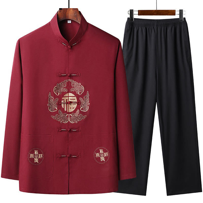 Nimara Ritual Chinese New Year Embroidered Fu Tang Suit Hanfu Long Sleeve Top Pants Clothing Men's Set