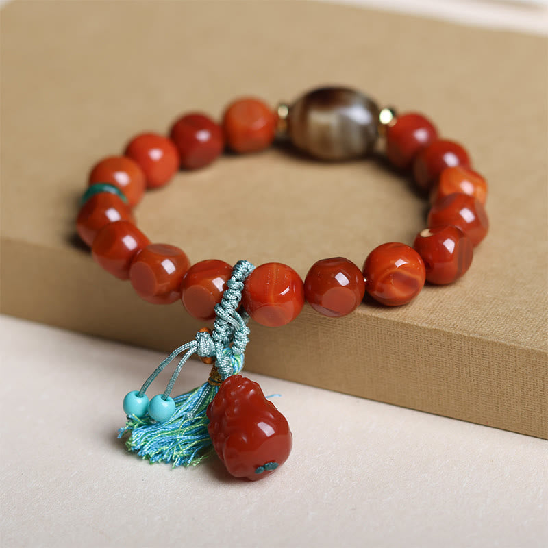 Nimara Ritual Natural South Red Agate Pixiu Dzi Bead Fortune Luck Bracelet