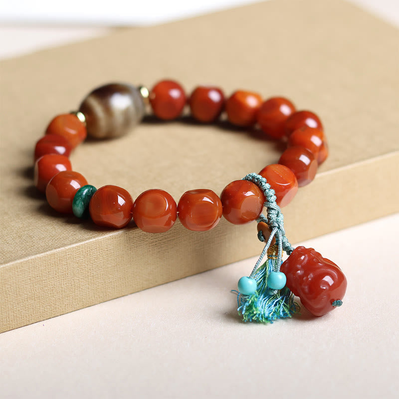 Nimara Ritual Natural South Red Agate Pixiu Dzi Bead Fortune Luck Bracelet