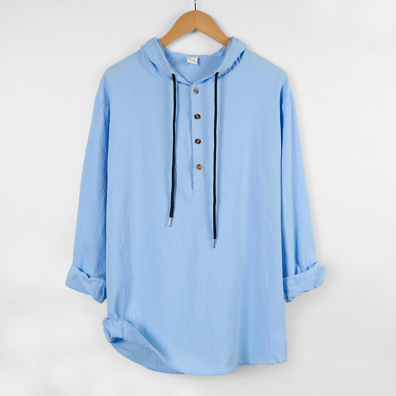Nimara Ritual Solid Color Fall Half Buttons Men's Hooded Long Sleeve Cotton Shirt