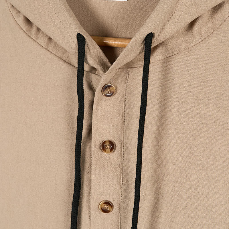 Nimara Ritual Solid Color Fall Half Buttons Men's Hooded Long Sleeve Cotton Shirt