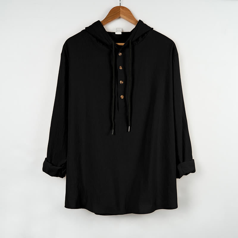 Nimara Ritual Solid Color Fall Half Buttons Men's Hooded Long Sleeve Cotton Shirt