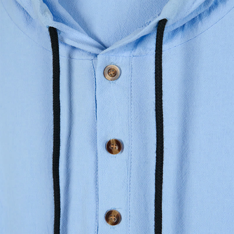 Nimara Ritual Solid Color Fall Half Buttons Men's Hooded Long Sleeve Cotton Shirt