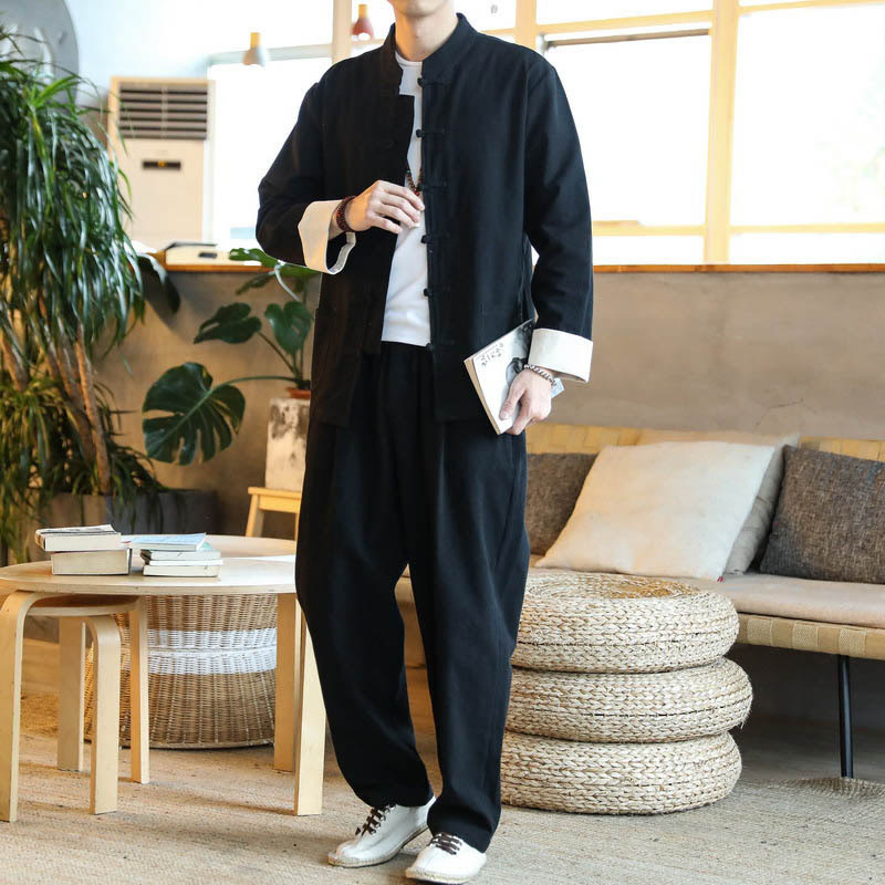 Nimara Ritual 2Pcs Zen Tang Suit Men's Frog-Button Long Sleeve Shirt Pants Set With Pockets