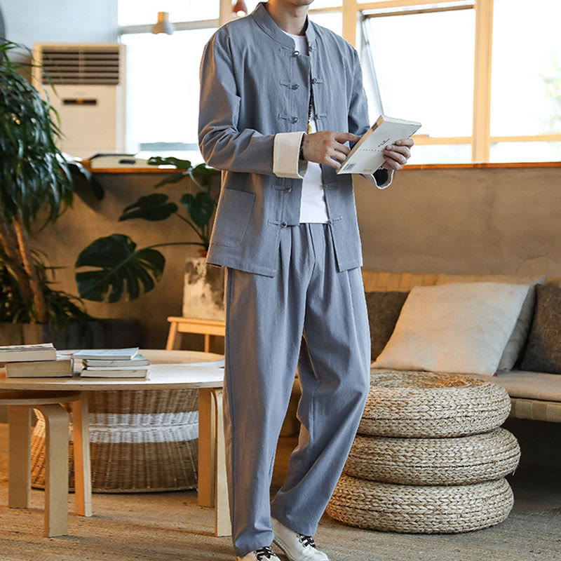 Nimara Ritual 2Pcs Zen Tang Suit Men's Frog-Button Long Sleeve Shirt Pants Set With Pockets