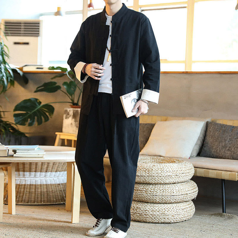 Nimara Ritual 2Pcs Zen Tang Suit Men's Frog-Button Long Sleeve Shirt Pants Set With Pockets