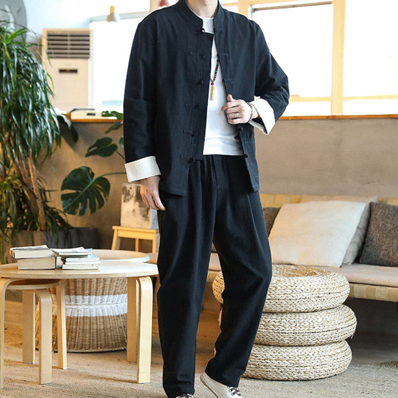 Nimara Ritual 2Pcs Zen Tang Suit Men's Frog-Button Long Sleeve Shirt Pants Set With Pockets