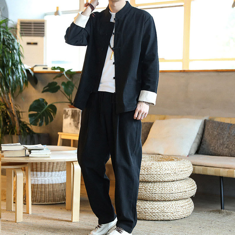 Nimara Ritual 2Pcs Zen Tang Suit Men's Frog-Button Long Sleeve Shirt Pants Set With Pockets