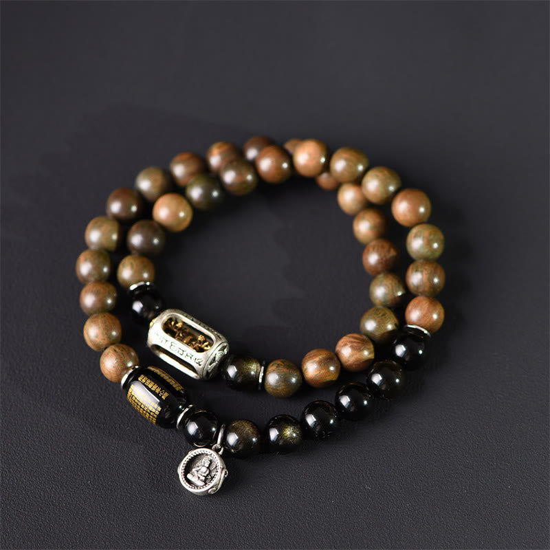 Nimara Ritual Tibetan Green Sandalwood Gold Sheen Obsidian Balance Peace Double Wrap Bracelet