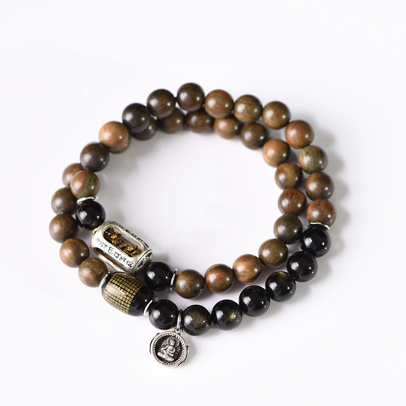 Nimara Ritual Tibetan Green Sandalwood Gold Sheen Obsidian Balance Peace Double Wrap Bracelet