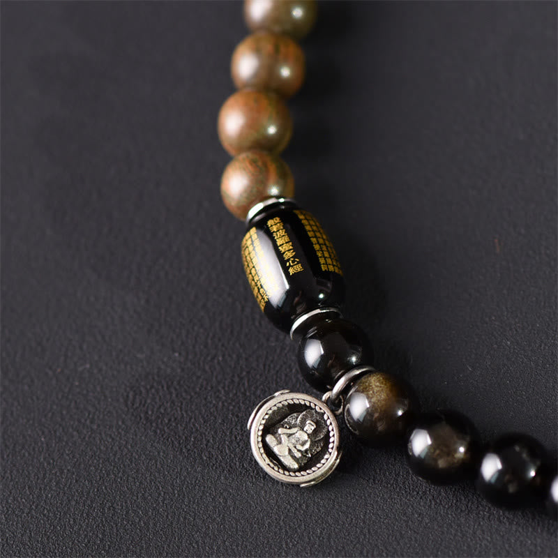 Nimara Ritual Tibetan Green Sandalwood Gold Sheen Obsidian Balance Peace Double Wrap Bracelet