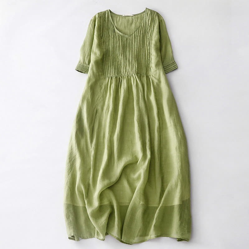 Nimara Ritual Casual Accordion Pleat Plain V-neck Short Sleeve Midi Dress With Pockets