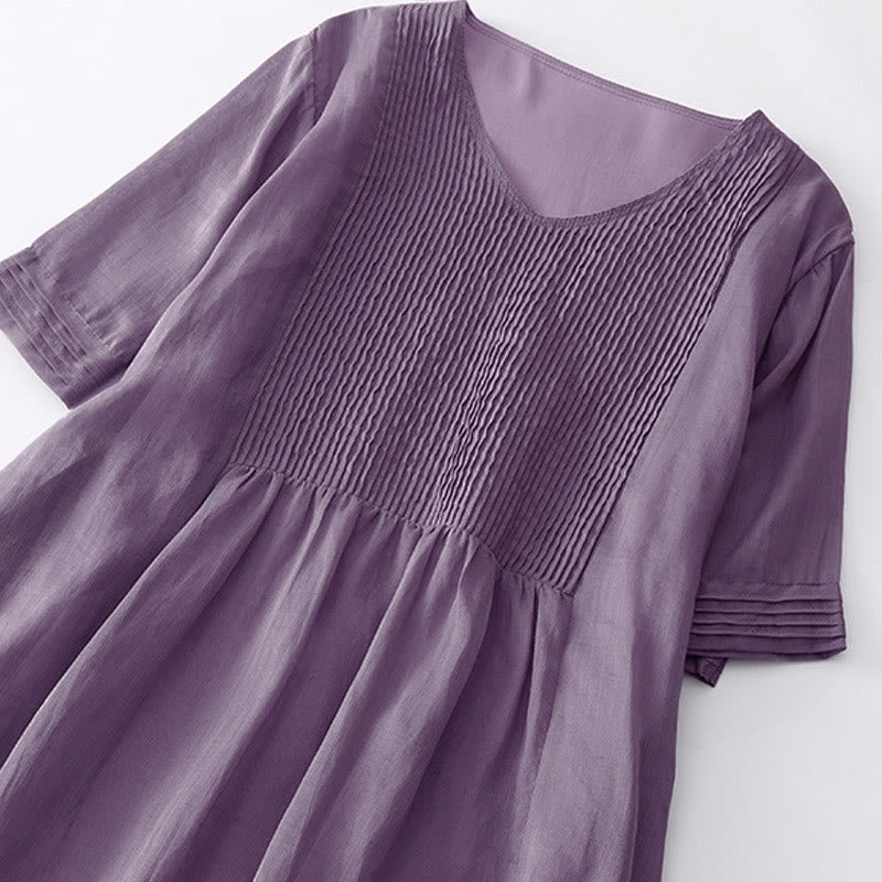 Nimara Ritual Casual Accordion Pleat Plain V-neck Short Sleeve Midi Dress With Pockets