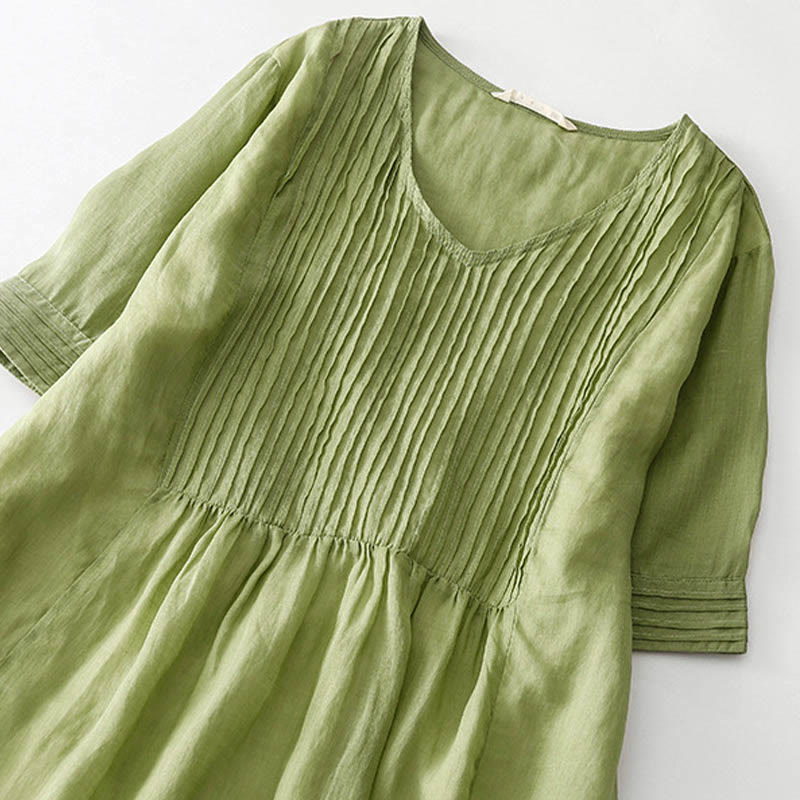 Nimara Ritual Casual Accordion Pleat Plain V-neck Short Sleeve Midi Dress With Pockets