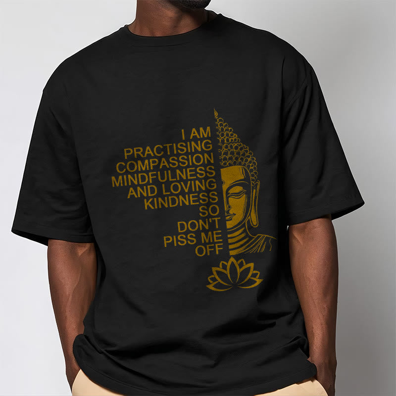 Nimara Ritual Casual Golden Side Buddha Lotus Flower Pattern Cotton Tee T-Shirt