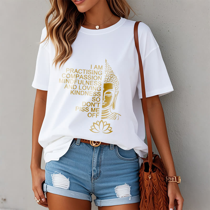 Nimara Ritual Casual Golden Side Buddha Lotus Flower Pattern Cotton Tee T-Shirt