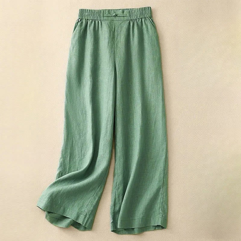 Nimara Ritual Daily Solid Color Elastic Waistband Frog-Button Cotton Women's Wide Leg Pants With Pockets