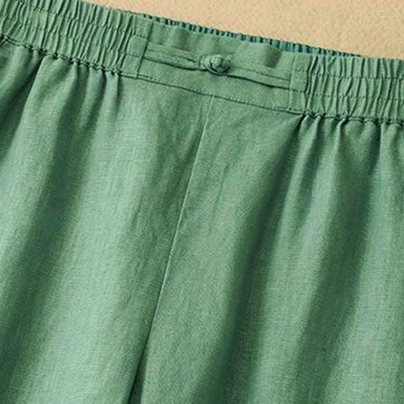 Nimara Ritual Daily Solid Color Elastic Waistband Frog-Button Cotton Women's Wide Leg Pants With Pockets
