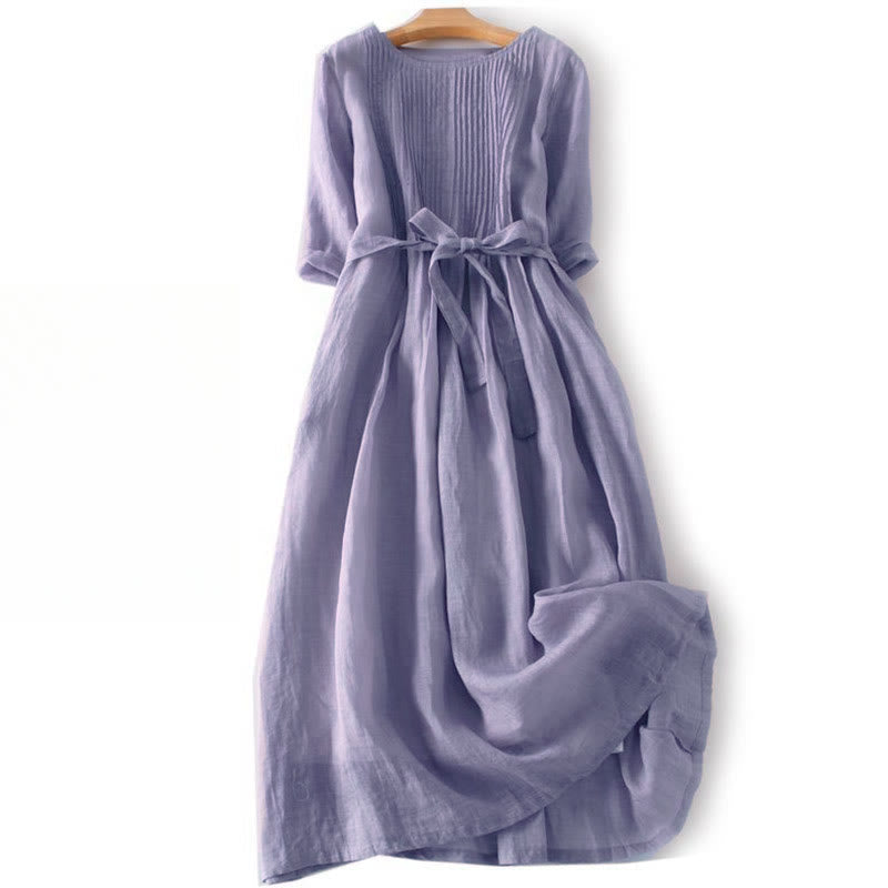 Nimara Ritual Casual Lace-up Plain Crew Neck Half Sleeve Midi Dress With Pockets