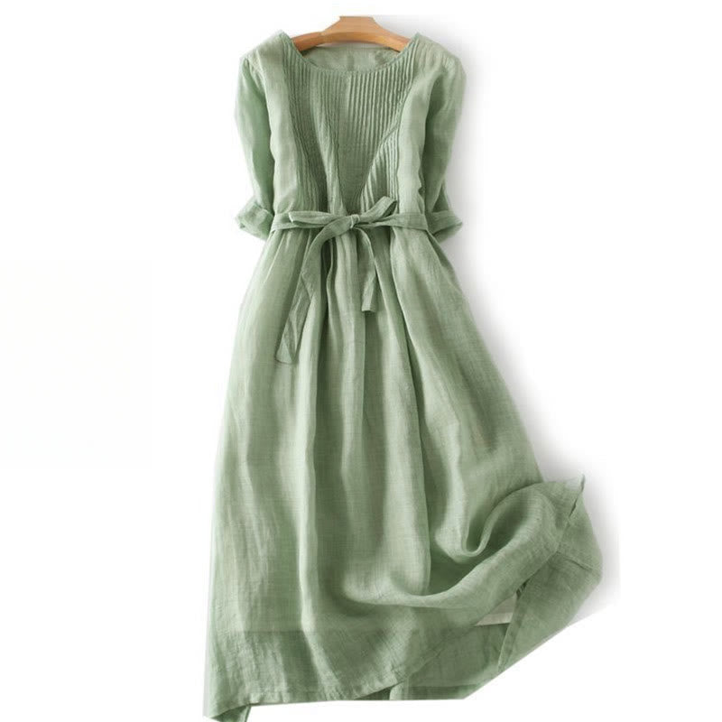 Nimara Ritual Casual Lace-up Plain Crew Neck Half Sleeve Midi Dress With Pockets